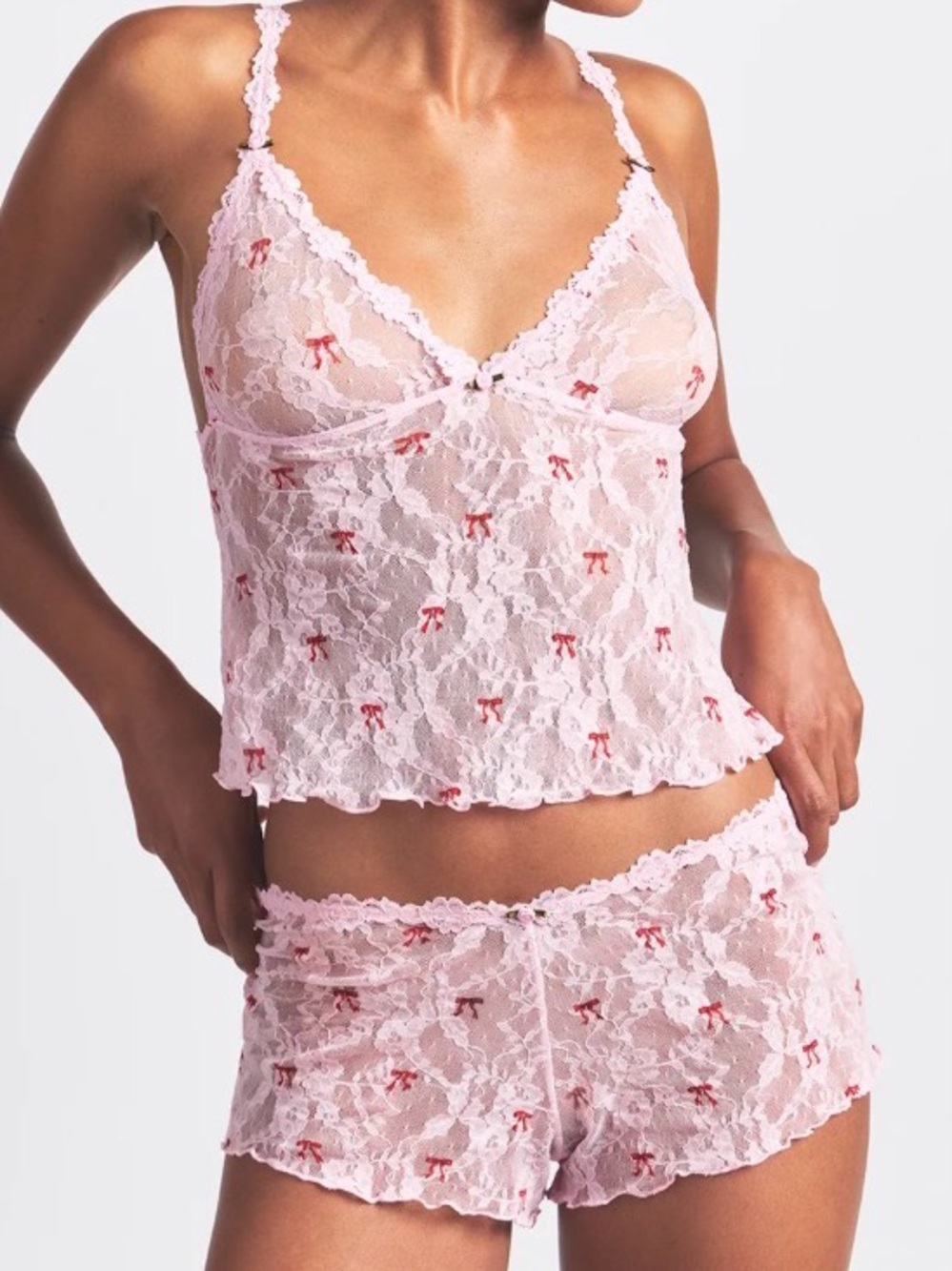 NWT SKIMS Stretch Lace Cherry Blossom Bow Cami Short Set Size L